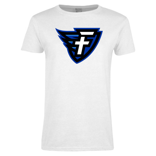  Womens White Short Sleeve Tee - Faulkner University F Wing Shield