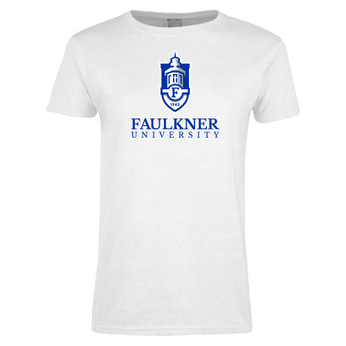  Womens White Short Sleeve Tee - Faulkner University  with Crest Stacked