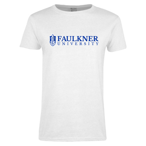  Womens White Short Sleeve Tee - Faulkner University  with Crest Flat
