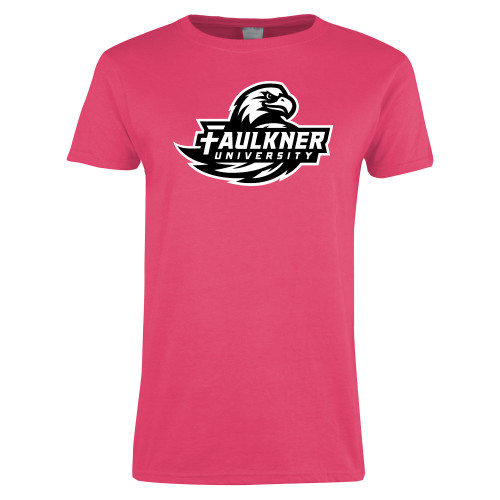  Womens Hot Pink Short Sleeve Tee - Faulkner University Primary Logo