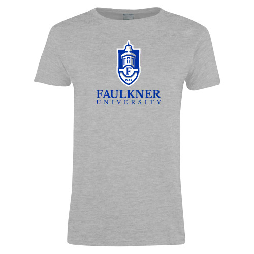  Womens Grey Short Sleeve Tee - Faulkner University  with Crest Stacked