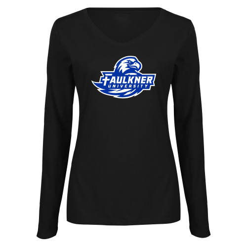  Womens Black Long Sleeve V Neck Tee  - Faulkner University Primary Logo