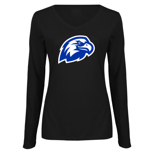  Womens Black Long Sleeve V Neck Tee  - Faulkner University Mascot Head