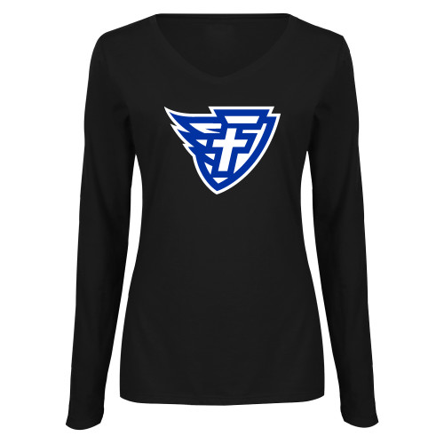  Womens Black Long Sleeve V Neck Tee  - Faulkner University F Wing Shield