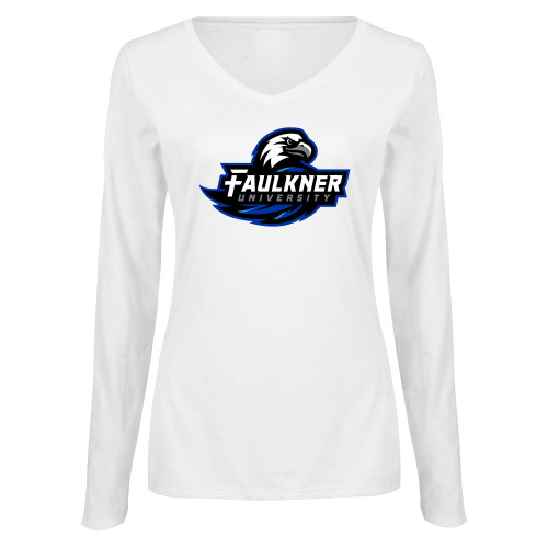  Womens White Long Sleeve V Neck Tee - Faulkner University Primary Logo