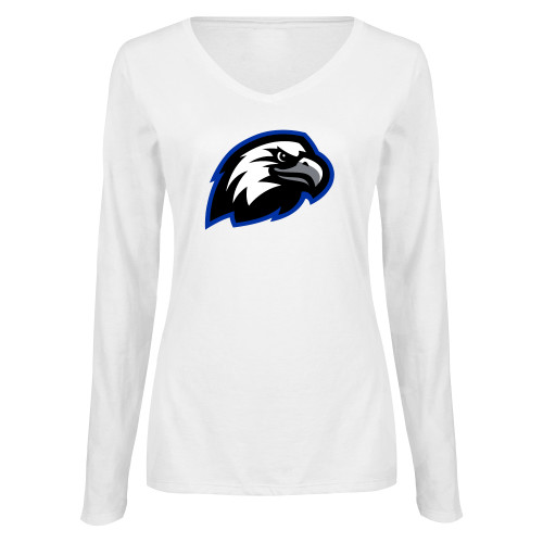  Womens White Long Sleeve V Neck Tee - Faulkner University Mascot Head