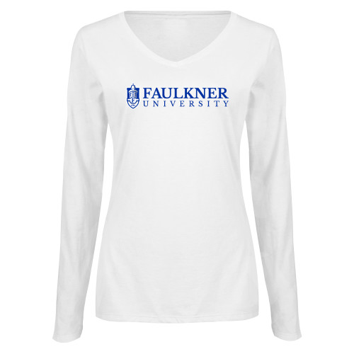  Womens White Long Sleeve V Neck Tee - Faulkner University  with Crest Flat