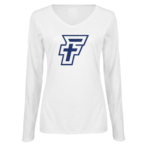  Womens White Long Sleeve V Neck Tee - H Dark Blue Glitter