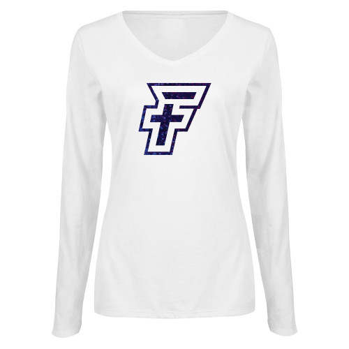  Womens White Long Sleeve V Neck Tee - I - Royal Holographic