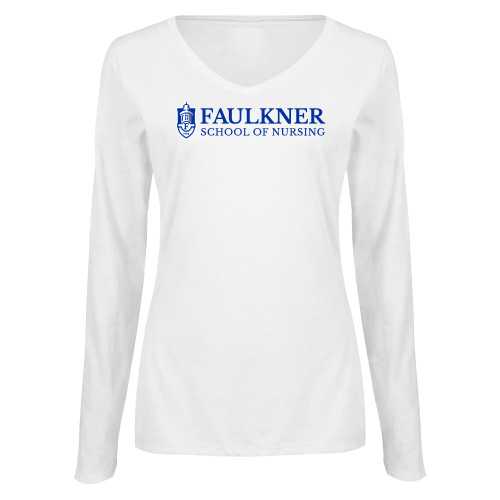  Womens White Long Sleeve V Neck Tee  - Faulkner University School of Nursing