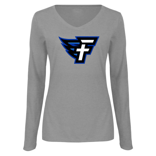  Womens Grey Long Sleeve V Neck Tee  - Faulkner University F Wing