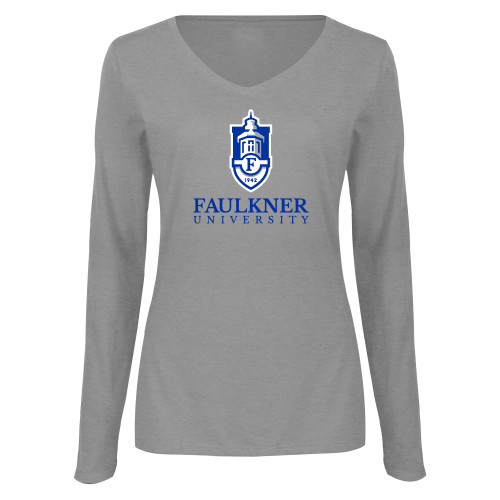  Womens Grey Long Sleeve V Neck Tee  - Faulkner University  with Crest Stacked