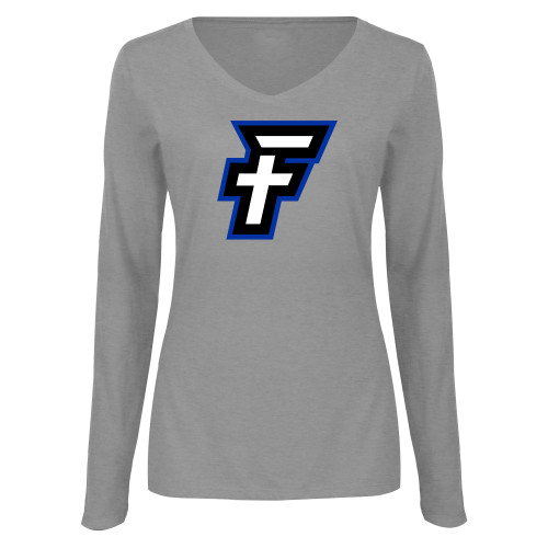  Womens Grey Long Sleeve V Neck Tee  - Faulkner University F