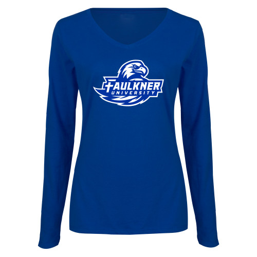  Womens Royal Long Sleeve V Neck Tee  - Faulkner University Primary Logo