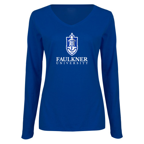  Womens Royal Long Sleeve V Neck Tee  - Faulkner University  with Crest Stacked