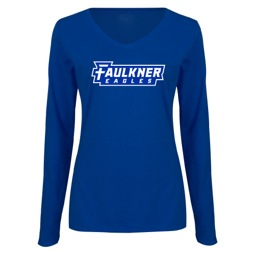  Womens Royal Long Sleeve V Neck Tee  - Faulkner Eagles