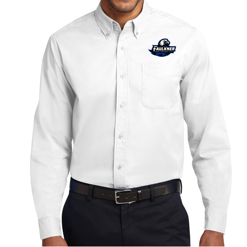  White Twill Button Down Long Sleeve - Faulkner University Primary Logo EMB