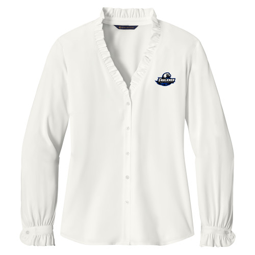  Brooks Brothers Womens Off White Long Sleeve Ruffle Collar Blouse - Faulkner University Primary Logo EMB