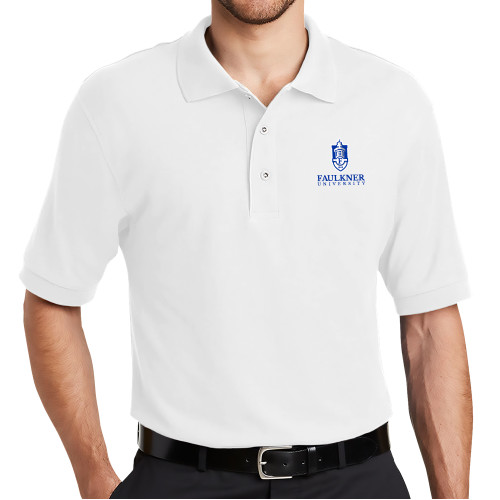  White Silk Touch Polo - Faulkner University with Crest Stacked EMB