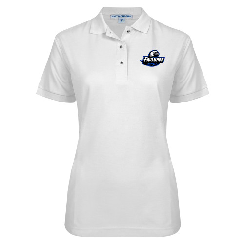 Womens Silk Touch White Pique Polo - Faulkner University Primary Logo EMB