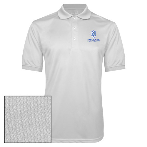  White Dry Mesh Polo - Faulkner University with Crest Stacked EMB