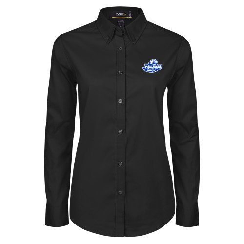  Womens Black Twill Button Down Long Sleeve  - Faulkner University Primary Logo EMB