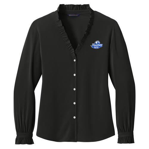 Brooks Brothers Womens Black Long Sleeve Ruffle Collar Blouse - Faulkner University Primary Logo EMB