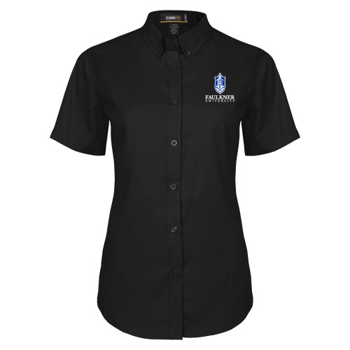  Womens Black Twill Button Up Short Sleeve - Faulkner University with Crest Stacked EMB