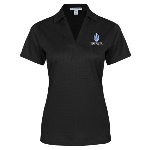  Womens Black Performance Fine Jacquard Polo - Faulkner University with Crest Stacked EMB