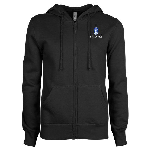  ENZA Womens Black Fleece Full Zip Hoodie - Faulkner University with Crest Stacked EMB