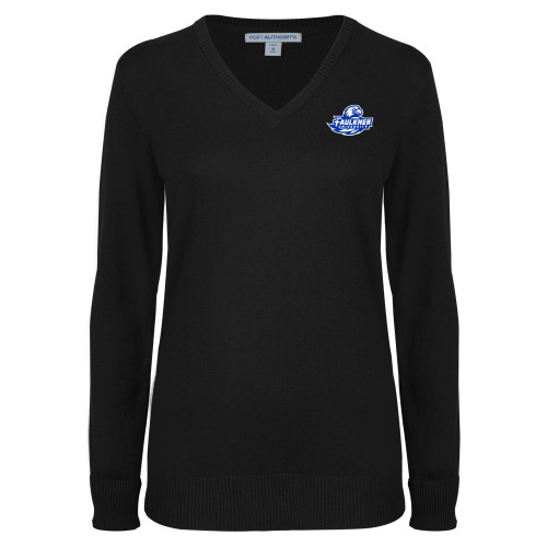  Womens Black VNeck Sweater - Faulkner University Primary Logo EMB