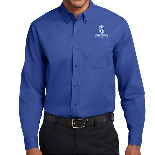  Royal Twill Button Down Long Sleeve - Faulkner University with Crest Stacked EMB