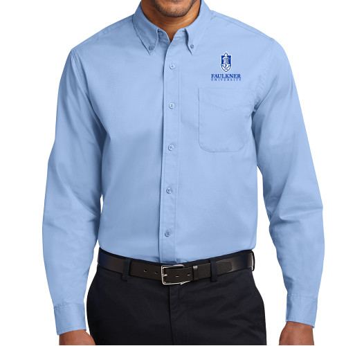  Light Blue Twill Button Down Long Sleeve - Faulkner University with Crest Stacked EMB