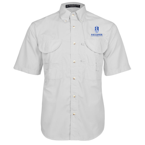  White Fishing Shirt Performance Short Sleeve - Faulkner University with Crest Stacked EMB