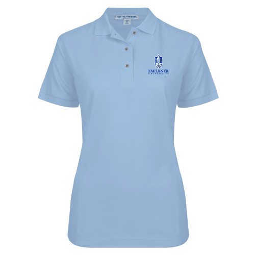  Womens Silk Touch Light Blue Pique Polo - Faulkner University with Crest Stacked EMB