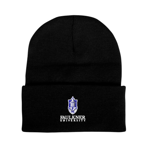  Black Knit Beanie w/Cuff - Faulkner University with Crest Stacked EMB
