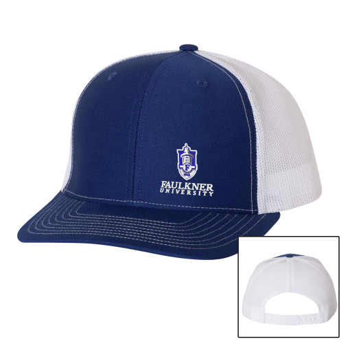  Richardson Royal/White Trucker Hat - Faulkner University with Crest Stacked EMB