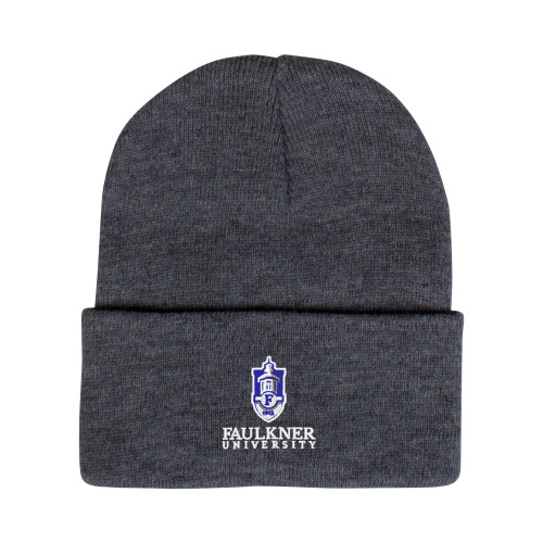  Grey Knit Beanie w/Cuff - Faulkner University with Crest Stacked EMB