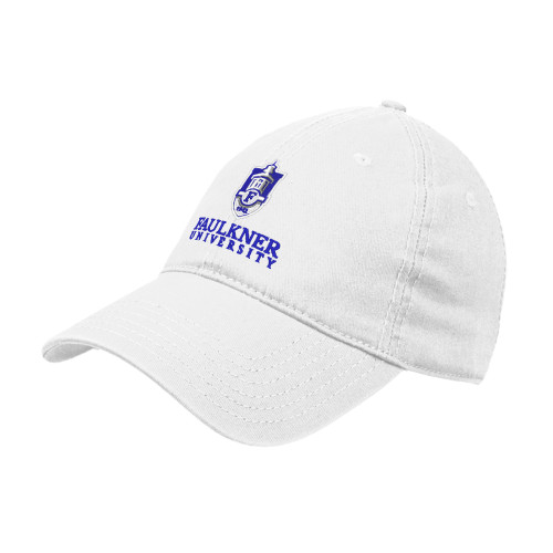  White Unstructured Adjustable Low Profile Hat - Faulkner University with Crest Stacked EMB