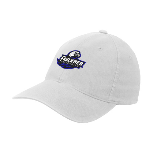  White Flexfit Structured Low Profile Hat - Faulkner University Primary Logo EMB