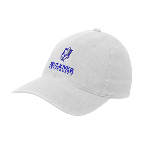  White Flexfit Structured Low Profile Hat - Faulkner University with Crest Stacked EMB