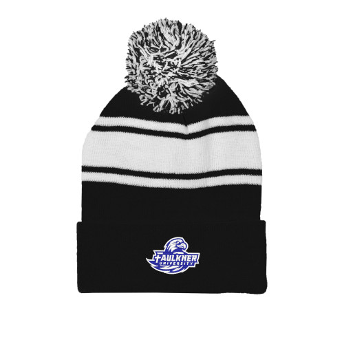  Black/White Two Tone Knit Pom Beanie w/Cuff - Faulkner University Primary Logo EMB