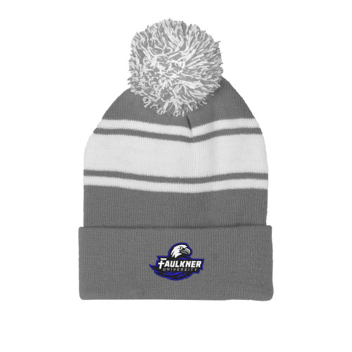  Grey/White Two Tone Knit Pom Beanie w/Cuff - Faulkner University Primary Logo EMB