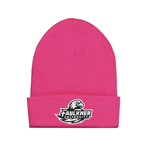  Fleece Lined Neon Pink Knit Beanie - Faulkner University Primary Logo EMB