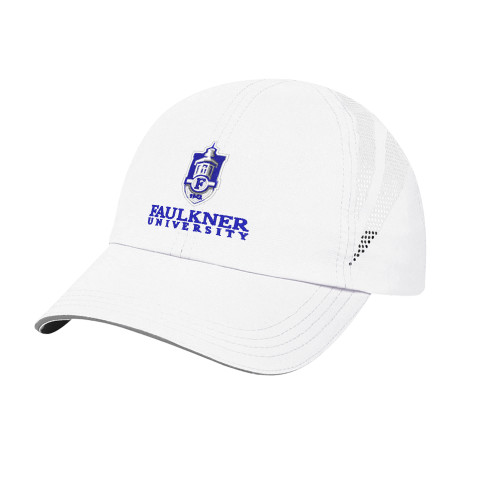  Womens White Performance Cap - Faulkner University with Crest Stacked EMB