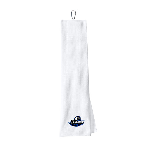  White Waffle Microfiber Golf Towel - Faulkner University Primary Logo EMB