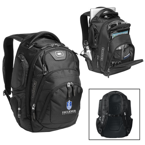  OGIO Black Stratagem Backpack - Faulkner University with Crest Stacked EMB