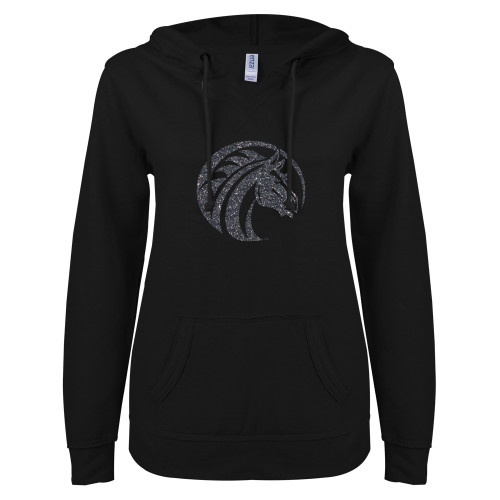  ENZA Womens Black V Notch Raw Edge Fleece Hoodie - Bronco Graphite Soft Glitter