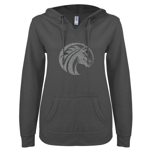  ENZA Womens Dark Heather V Notch Raw Edge Fleece Hoodie - Bronco Silver Soft Glitter