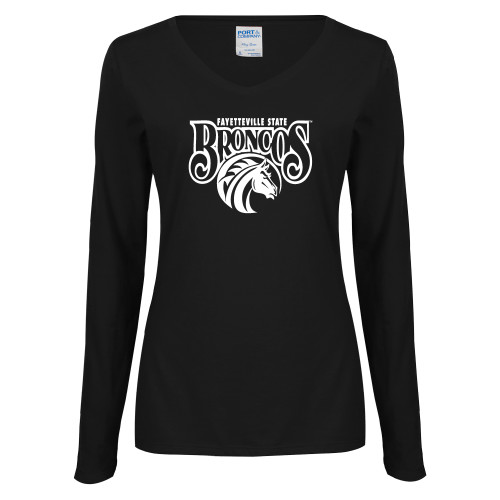  Womens Black Long Sleeve V Neck Tee  - Official Logo